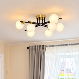 Plafón Art Deco negro con dorado y cristal opalino 8 luces - Lynn