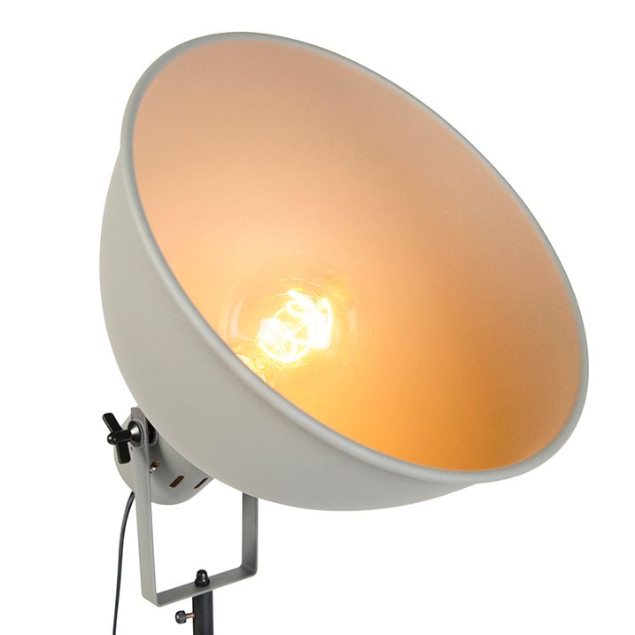 Industrial Floor Lamp on Wooden Tripod with Grey Lampshade - Laos