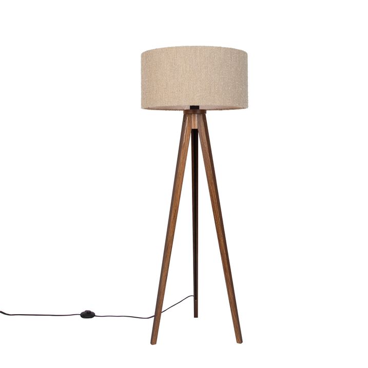 Модерна подова лампа от орехово дърво с бежов букле абажур 50 см - Tripod Classic