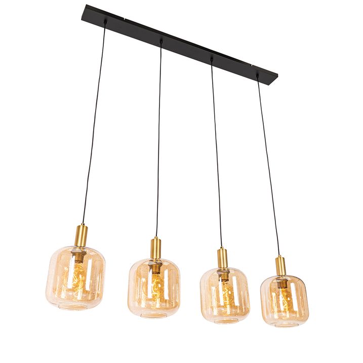 Candeeiro de suspensão design preto com latão e vidro âmbar 4-luzes - Zuzanna