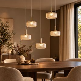 Designerska lampa wisząca Fiera, różowe złoto z bursztynowym szkłem, z LED, 3-stopniowe ściemnianie, 5-punktowa, Easylift