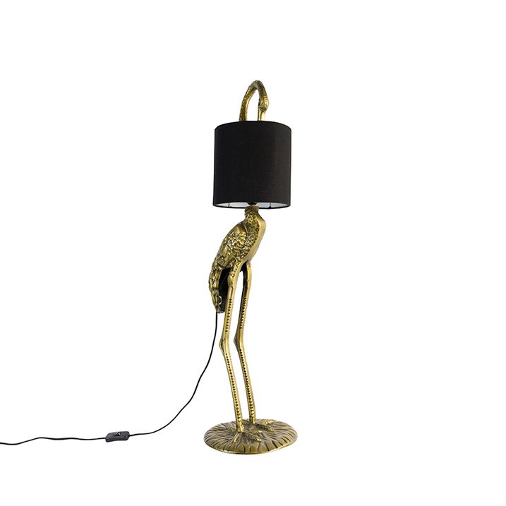 Vintage stojací lampa mosazný textilní stínidlo černé - Animal Crane