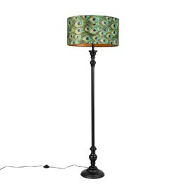 Lampada da terra nera con paralume in velluto pavone oro 50 cm - Classico