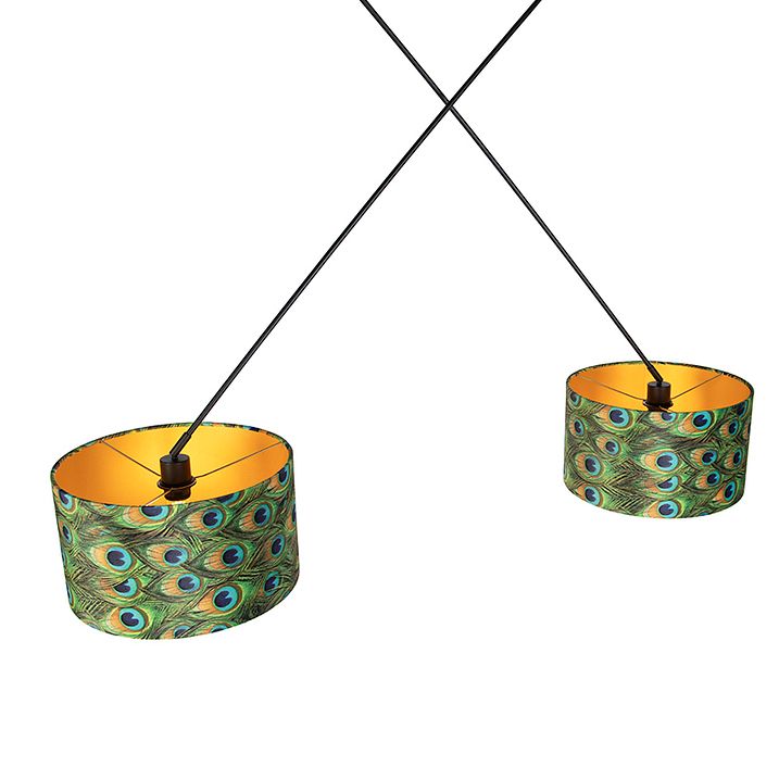 Závěsné svítidlo černé s sametovými stínidly Peacock se zlatem 35 cm 2-světlo - Blitz