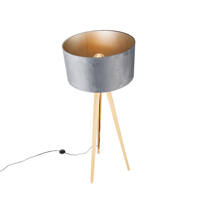 Stojací lampa dřevěná s šedým látkovým stínidlem 50 cm - Tripod Classic