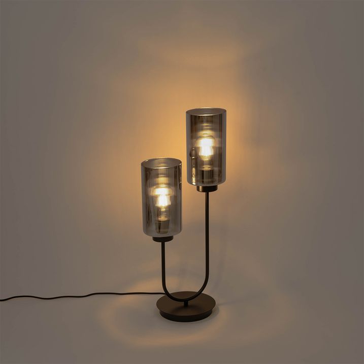 Art Deco tafellamp zwart met smoke glas 2-lichts - Laura