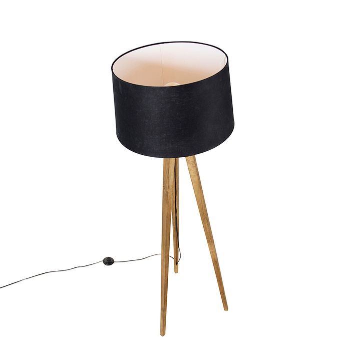 Rustikálny trojnohý vintage drevený s tienidlom z ľanu čierny 45 cm - Tripod Classic