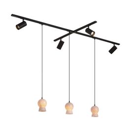 Sistema-de-calhas-moderno-preto-com-4-focos-e-3-candeeiros-pendentes-brancos-monofásico---Iconic-Bell-Jeana-Luxe