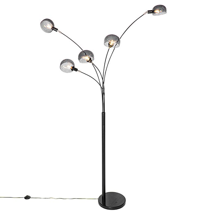 Dizajnová stojaca lampa čierna s dymovým sklom 5-svetlo - Sixties Marmo