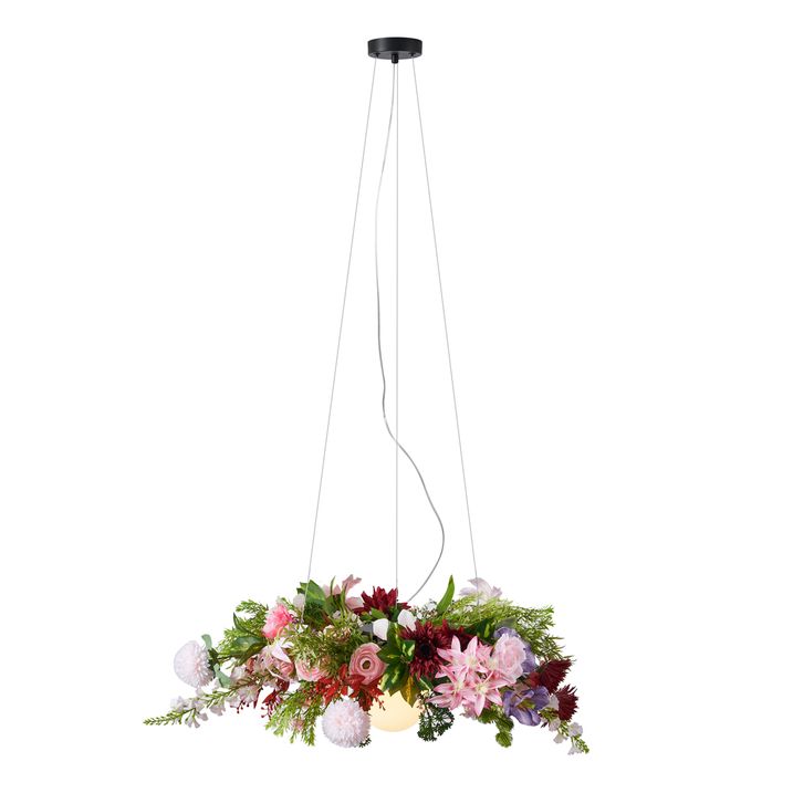 Bohemianische Hängelampe schwarz mit farbigen Blumen rot und pink - Flower Power