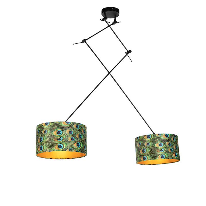 Závěsné svítidlo černé s sametovými stínidly Peacock se zlatem 35 cm 2-světlo - Blitz