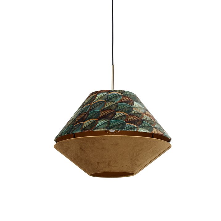 Yaprak Desenli ve Bej Renkli Çift Kadife Başlıklı Modern Bronz Sarkıt Lamba - Combi 1