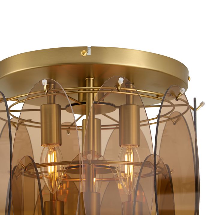 Art Deco plafondlamp goud met amber glas ovaal 6-lichts - Mochan