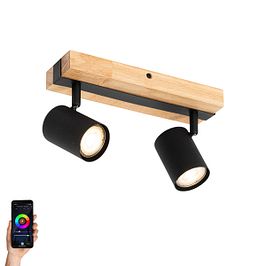 Foco de techo inteligente negro con madera 2-luces ajustable con Wifi GU10 50mm - Jeana