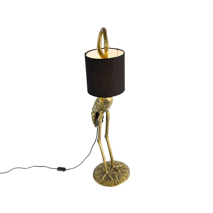 Vintage stojací lampa mosazný textilní stínidlo černé - Animal Crane