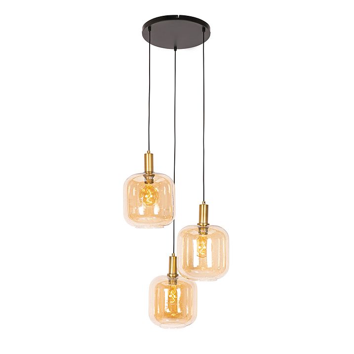 Dizajnerska viseća lampa crna sa mesingom i ćilibarskim staklom 3 lampe - Zuzanna