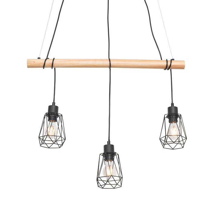 Landelijke hanglamp zwart met hout 3-lichts - Dami Frame