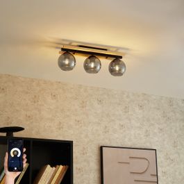 Plafoniera smart nera con legno e vetro fumé 3 luci incl. WiFi A60 - Aleks