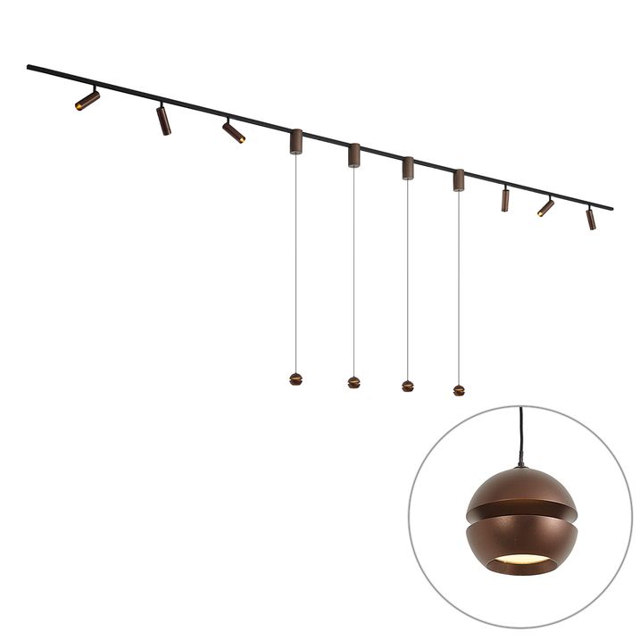 Moderne skinnesystem med 6 spots og 4 pendellamper Easylift mørk bronze 1-faset - Slimline Uzzy Tira