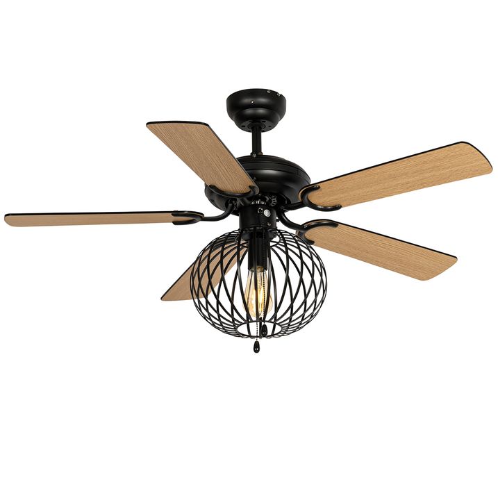 Stropní ventilátor černý s dřevěným potiskem 107,5 cm s tahovým spínačem - Mistral Johanna