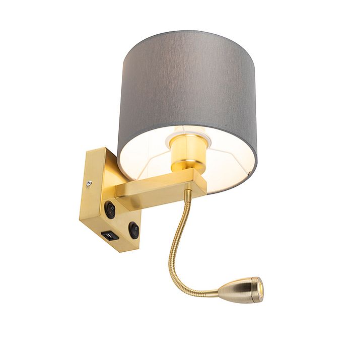 Art Deco sienas lampa zelta krāsā ar USB un pelēku abažūru - Brescia