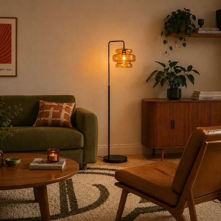 Retro stojacia lampa čierna s oranžovým sklom - Denise