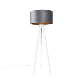 Moderní stojací lampa trojnožka bílá s šedým sametovým stínítkem 50 cm - Tripod Classic