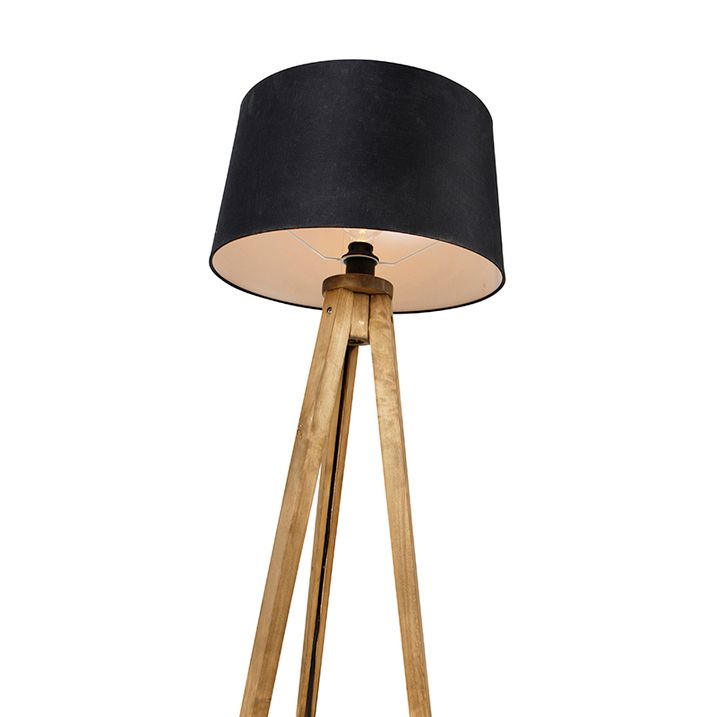 Rustikálny trojnohý vintage drevený s tienidlom z ľanu čierny 45 cm - Tripod Classic