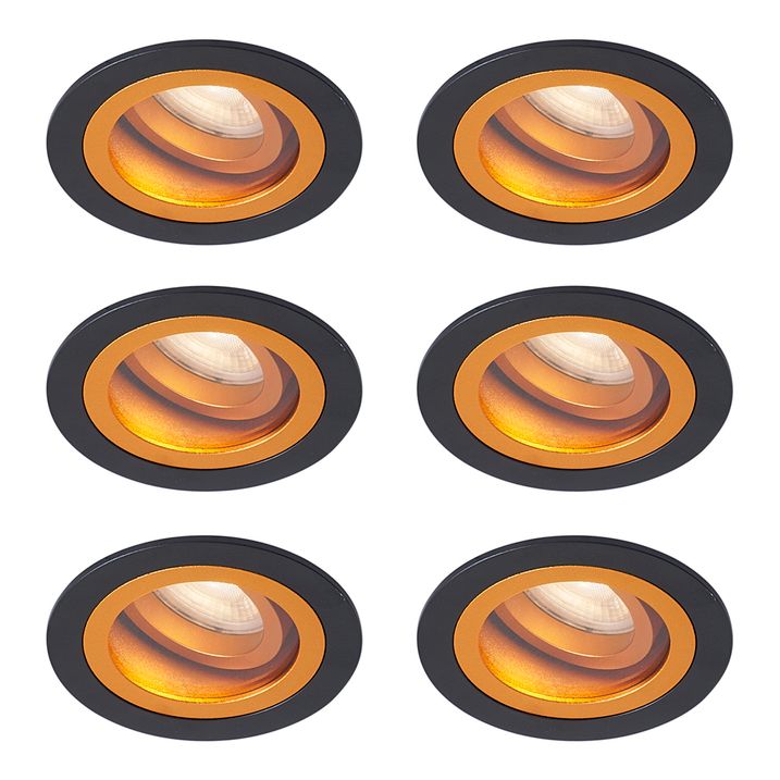 Set mit 6 modernen Einbaustrahlern schwarz mit Gold drehbar und neigbar IP44 - Chuck