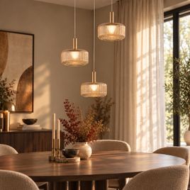 Lámpara colgante de diseño oro rosa con cristal ámbar incl. LED regulable en 3 pasos 3 luces Easylift - Fiera