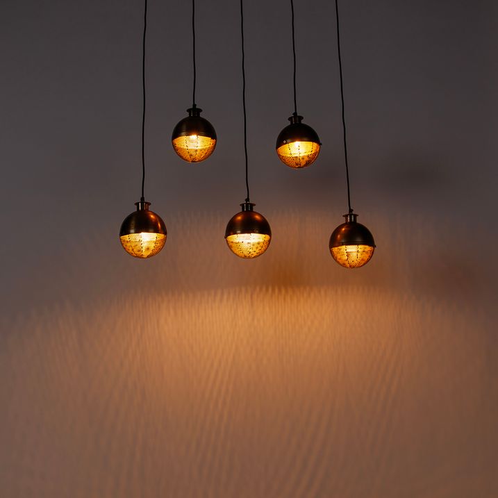 Candeeiro de suspensão industrial bronze com madeira 5 luzes - Haicha