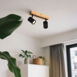 Loftslampe sort med træ 2-lys justerbar rektangulær - Jeana