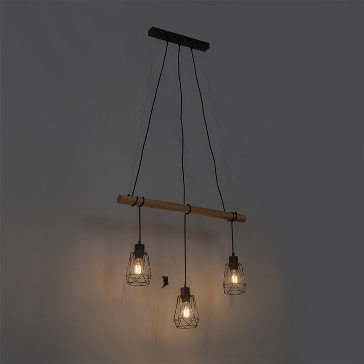 Landelijke hanglamp zwart met hout 3-lichts - Dami Frame