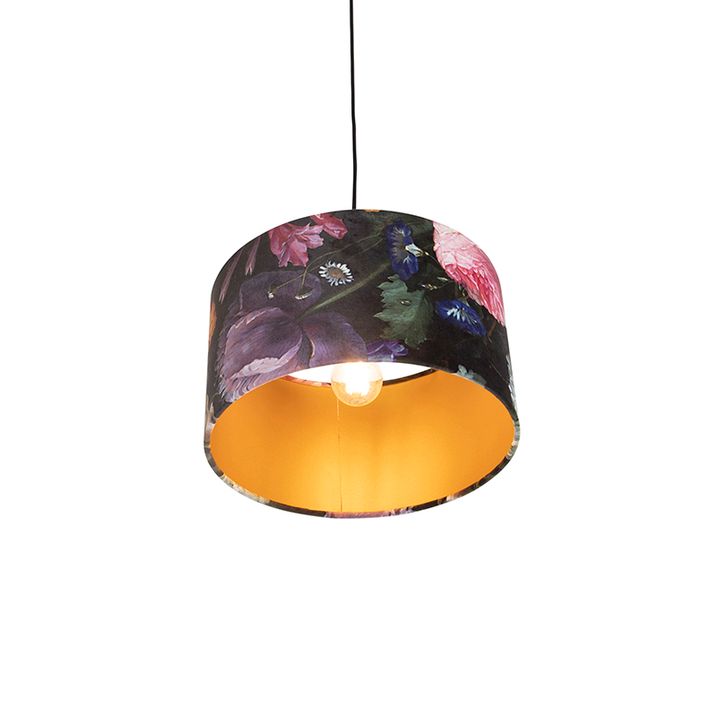Závěsné svítidlo s sametovým stínidlem s květinami a zlatem 35 cm - Combi