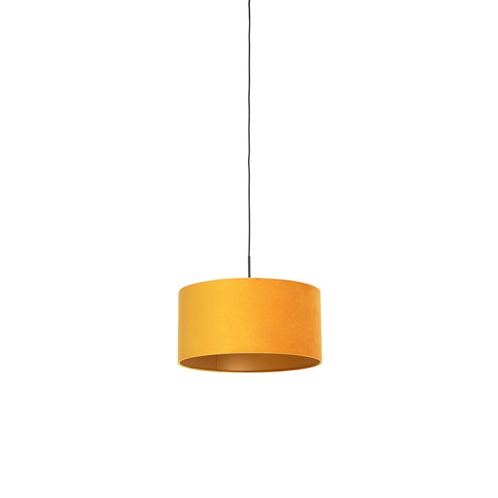 Melna piekaramā lampa ar dzeltenu samta abažūru ar zeltu 50 cm - Combi