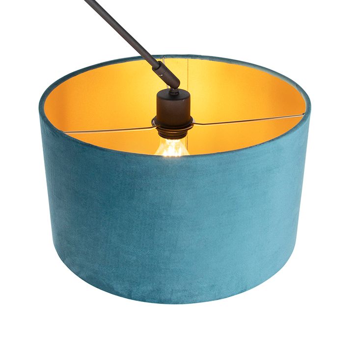 Lampa wisząca czarna z niebieskim aksamitnym kloszem ze złotem 35 cm - Blitz