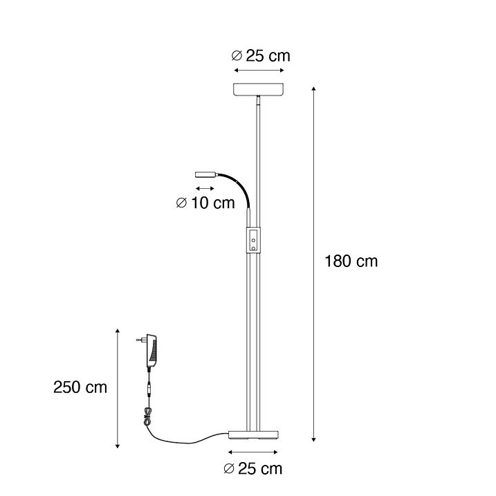 Lampadaire noir avec LED et variateur avec liseuse - Kelso