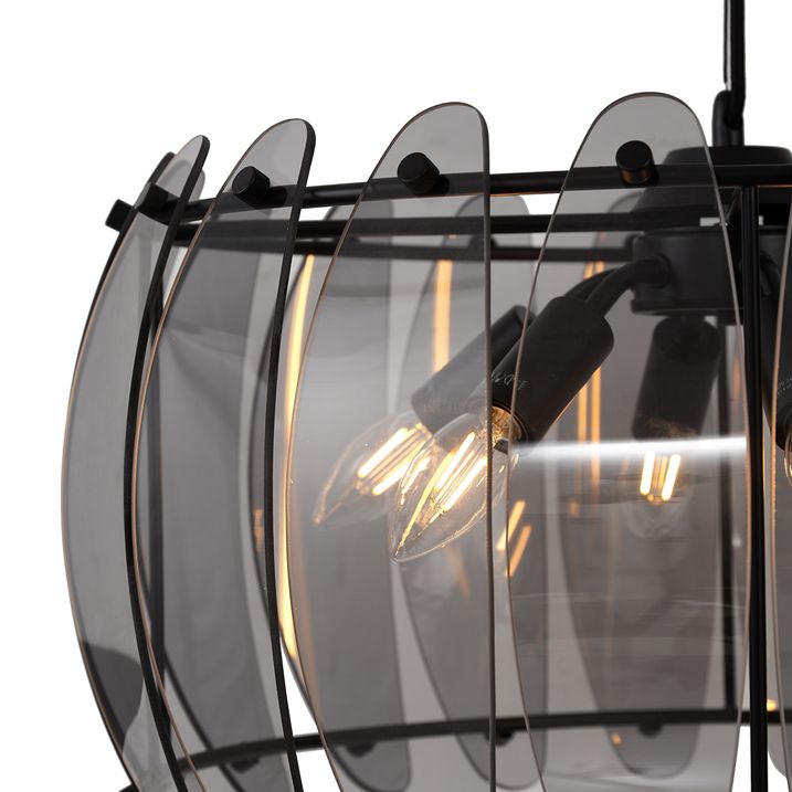 Lampa suspendată inteligentă neagră cu sticlă fumurie rotundă cu 6 lumini, inclusiv WiFi C35 - Mochan