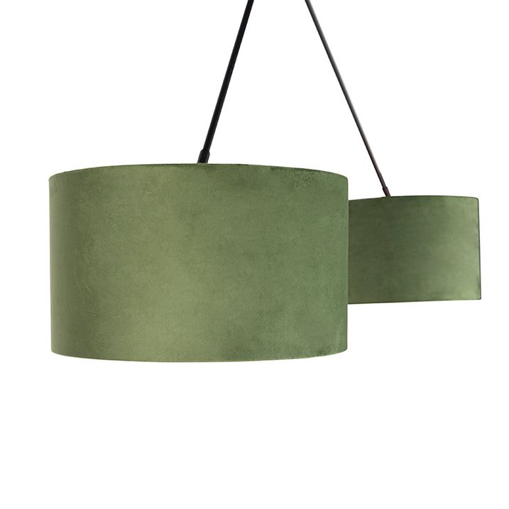 Hengende lampe sort med grønne og gullfløyelslampeskjermer 35 cm 2-lys - Blitz