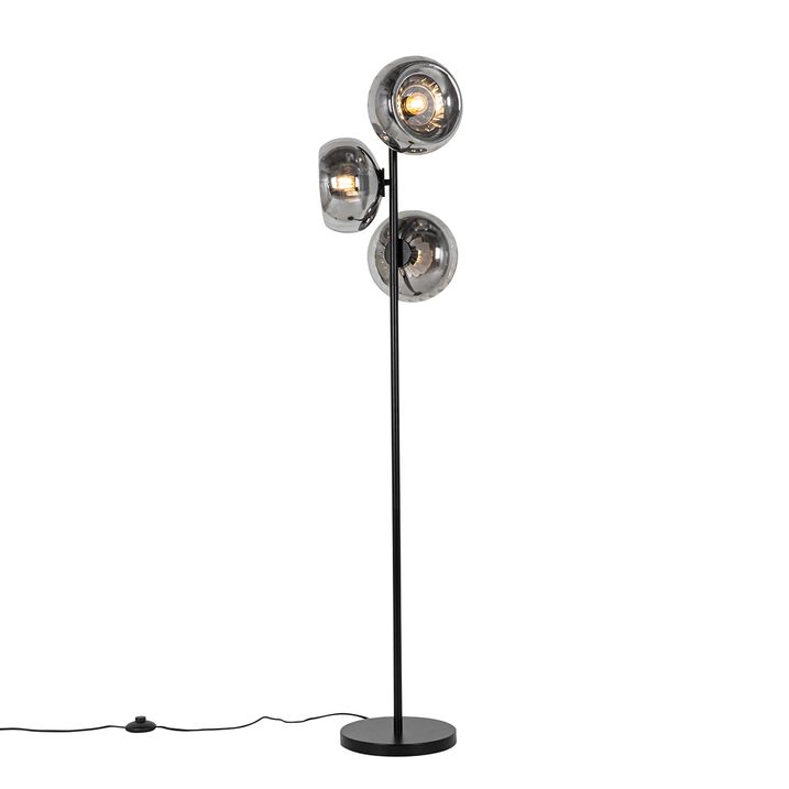Art Deco vloerlamp zwart met smoke glas 3-lichts - Ayesha
