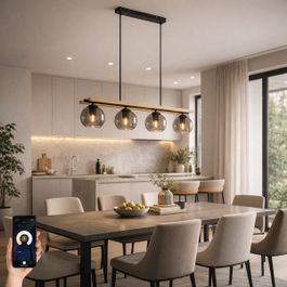 Smart Pendant Lamp Black with Wood and Smoke Glass 4-Lights Incl. WiFi A60 - Aleks