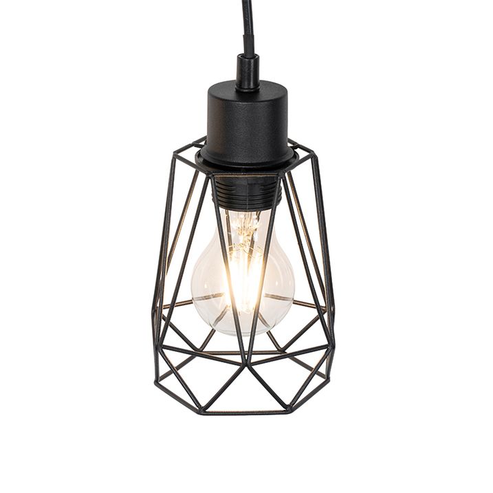 Landelijke hanglamp zwart met hout 3-lichts - Dami Frame