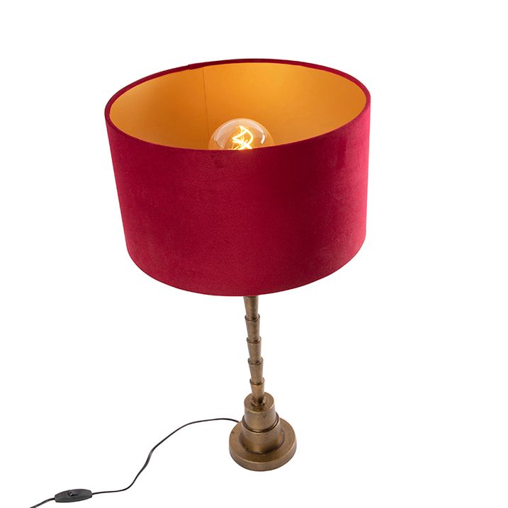 Stolní lampa v art deco stylu bronzová s červeným sametovým stínítkem 35 cm - Pisos
