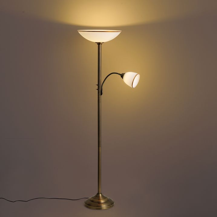 Klasyczna lampa podłogowa brązowa ze szkłem opalowym 2-źródła światła - Katarina