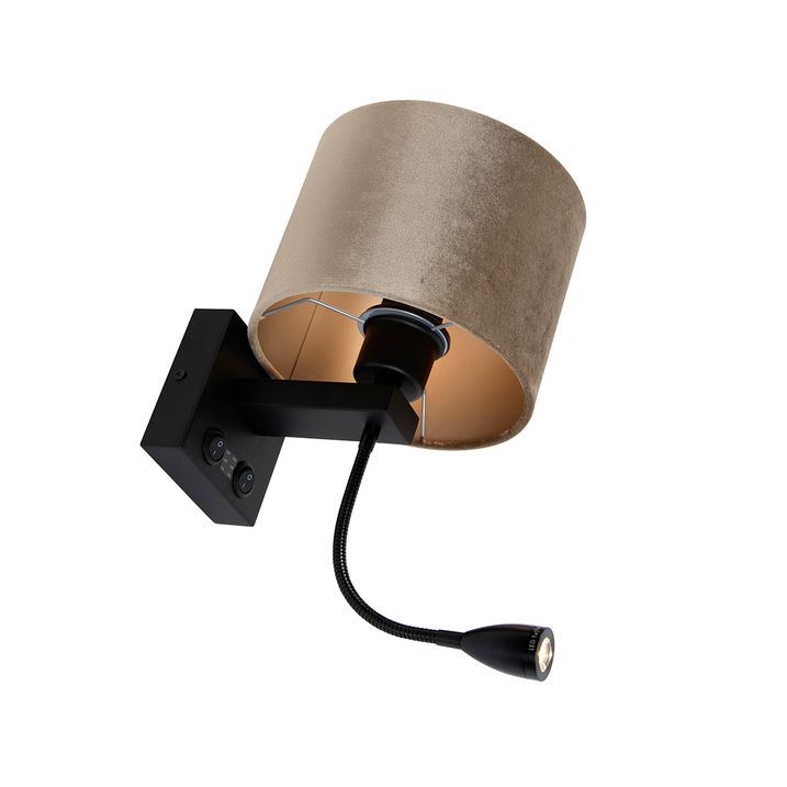 Zidna lampa crna sa taupe plišanim abažurom 18cm - Brescia Combi