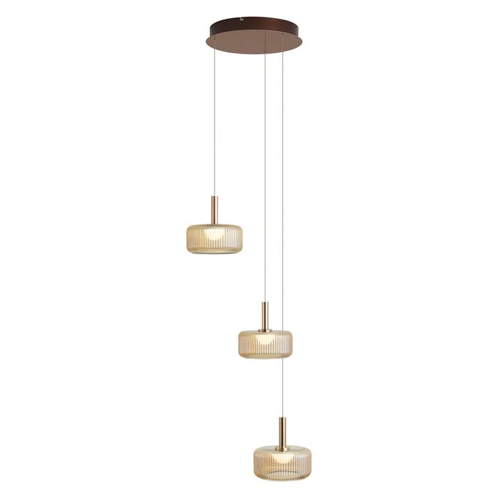 Design hanglamp roségoud met amber glas incl. LED 3-staps dimbaar 3-lichts Easylift - Fiera