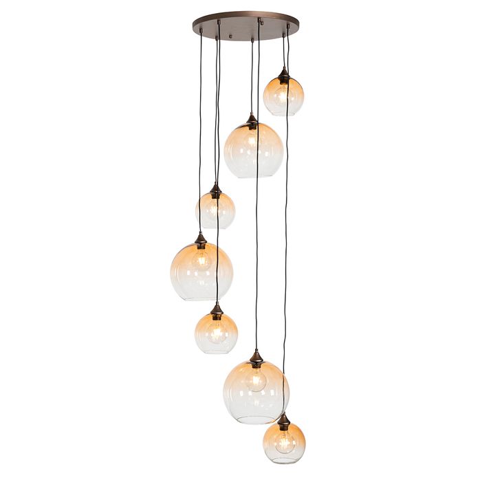 Art deco hanglamp brons met amber glas rond 7-lichts - Sandra