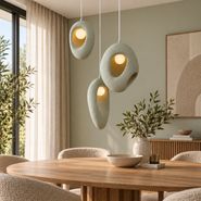 Suspension-Japandi-Blanche-avec-Abat-jour-Organique-Vert-Clair-3-Lumières---Moonstone