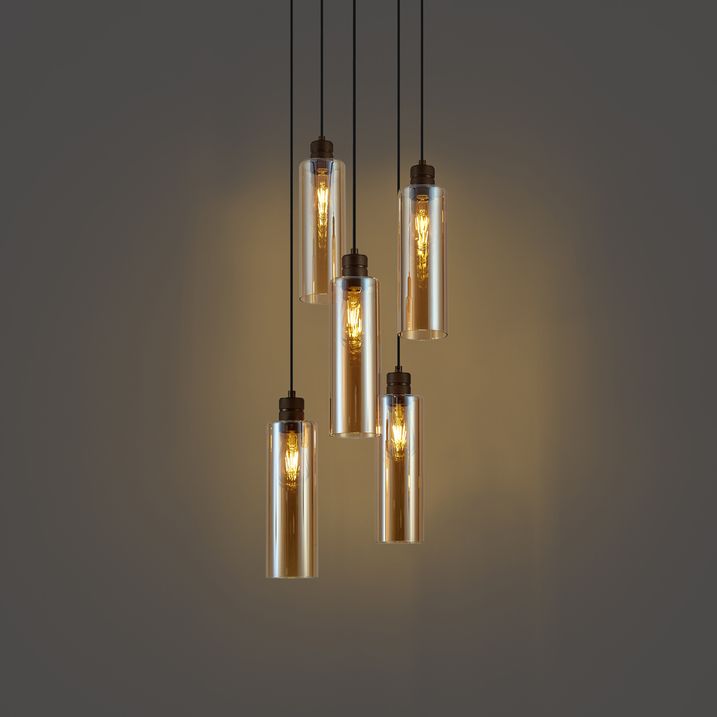Suspension Chic d'Hôtel Bronze Foncé avec Verre Ambré 5 Lumières - Stavelot