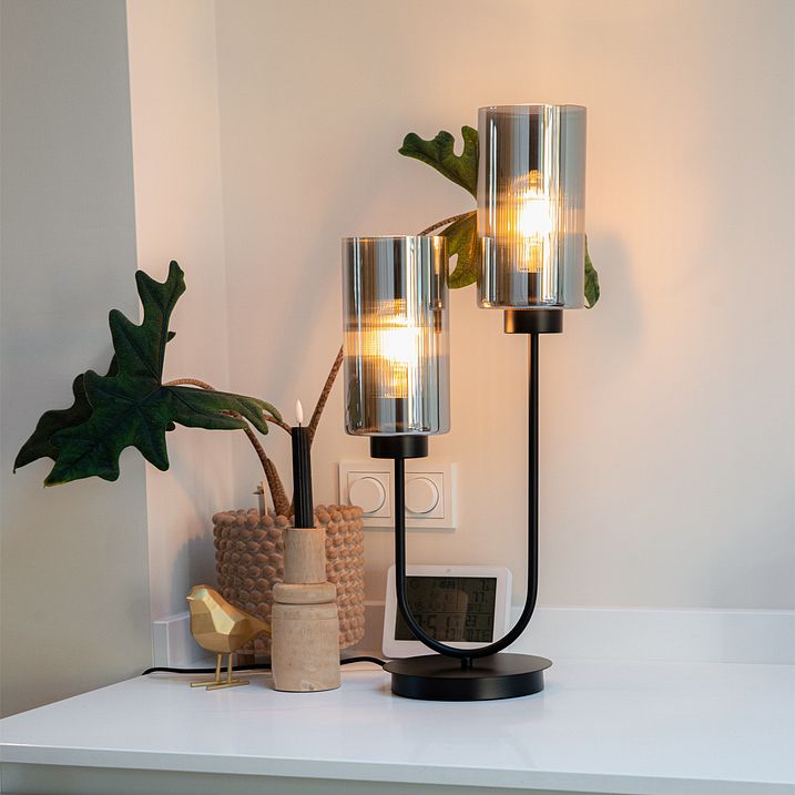 Art Deco tafellamp zwart met smoke glas 2-lichts - Laura